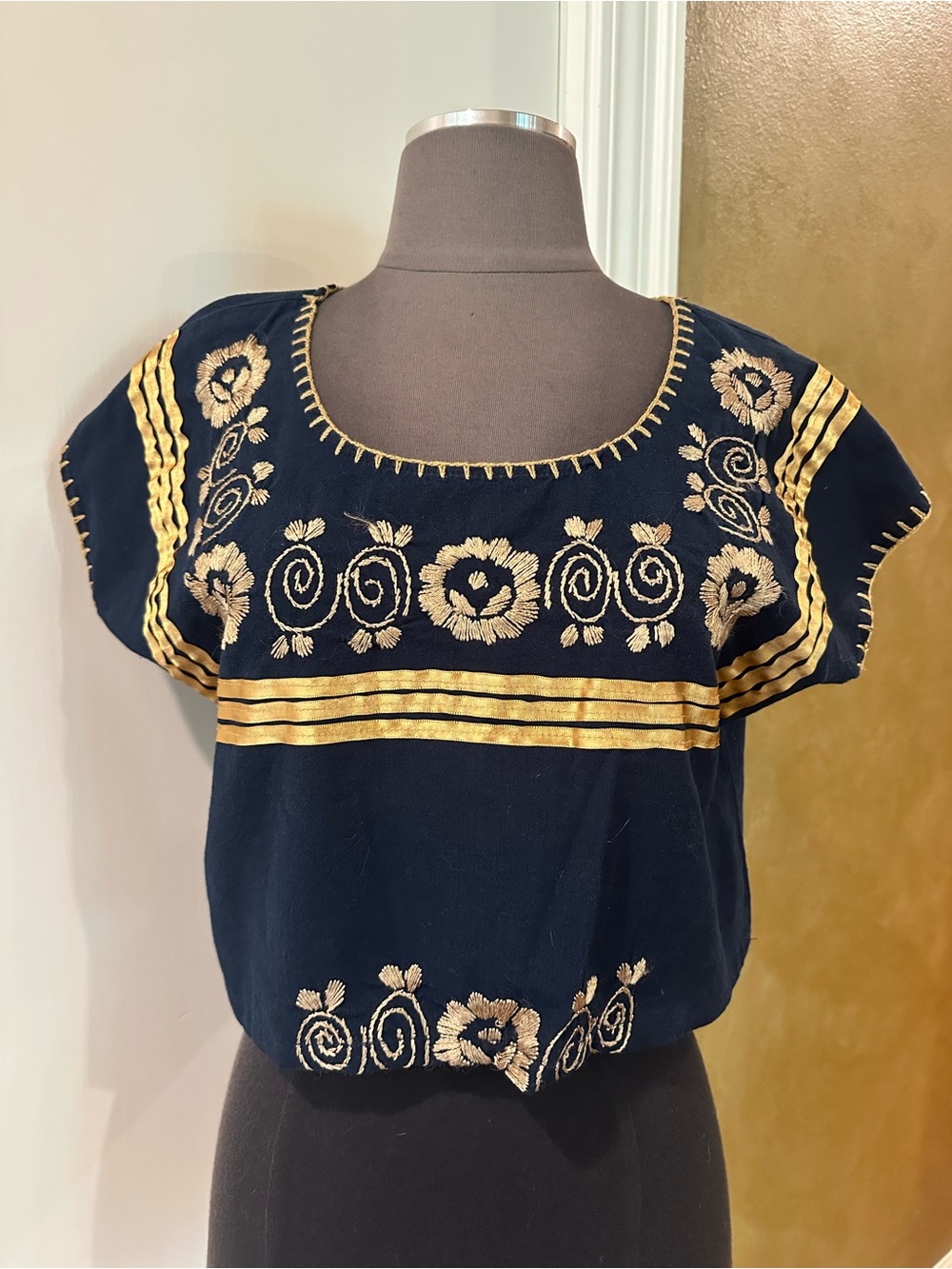 Embroidered Navy Cotton Peasant Top with Gold Accents